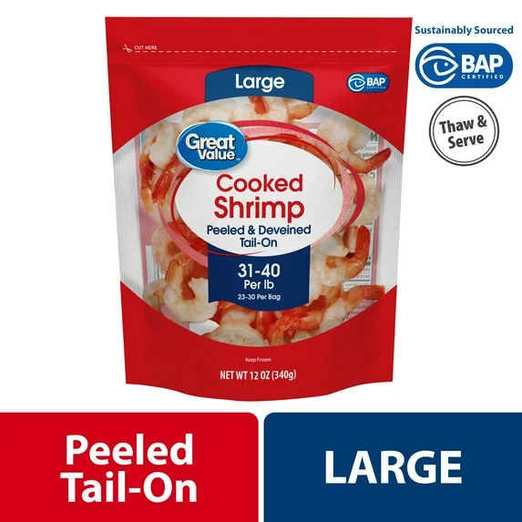 Great Value Frozen Cooked Large Peeled Deveined Tail-on Shrimp, 12 oz (31-40 Count per lb)