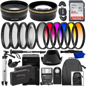 Ultimaxx 58MM Accessory Kit for Canon EOS Rebel T7, T6, T5, T3, LC-E10 & More - Includes: 2x LP-E10 Replacement Batteries, Water Resistant Backpack, Professional 2.2x Telephoto Lens Attachment & More