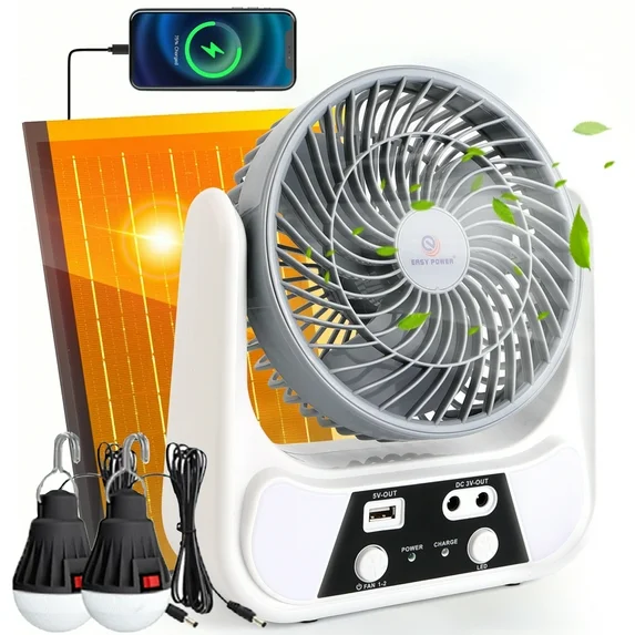 PUCACHI Solar Camping Fan with LED Lantern - 6-inch Portable Rechargeable Fan, Solar/USB-C Dual Charging, Battery Powered, for Tents, Outdoors, Travel, Home, Emergency